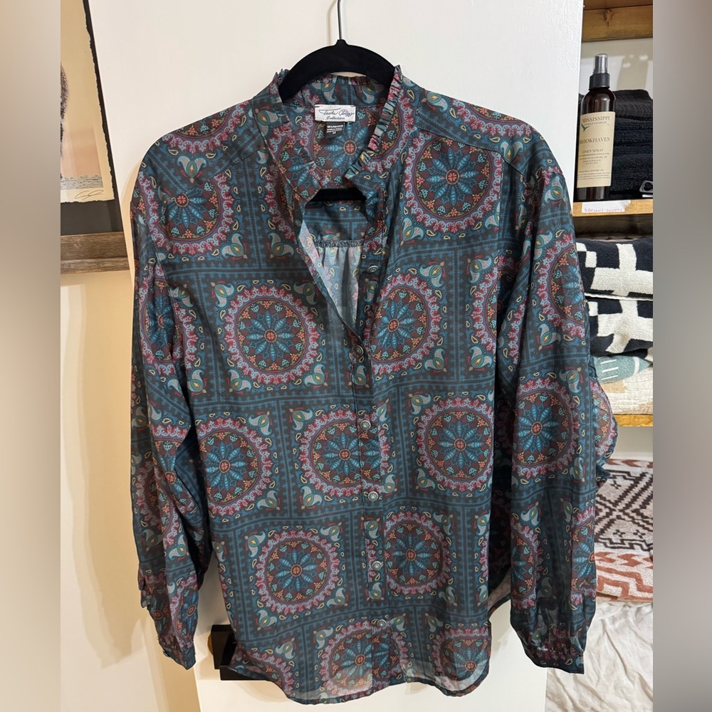 Tasha Polizzi Top Womens Medium Western Ruffle Brady Blouse Mandala Sheer
